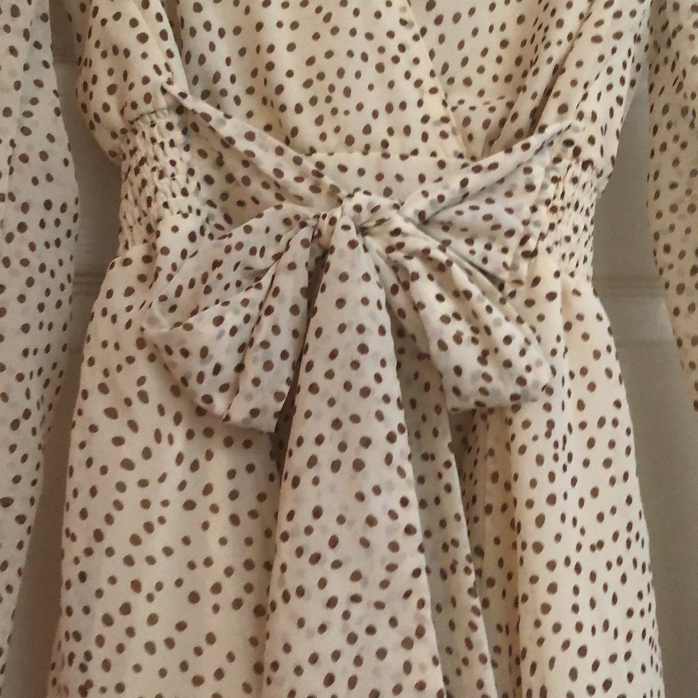Polka Dot Wrap-Front Long Sleeve Dress in Beige - Picture 2 of 5